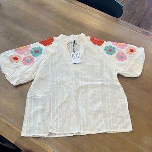 THML Cream Blouse with Pink, Turquoise & Orange Floral Embroidery